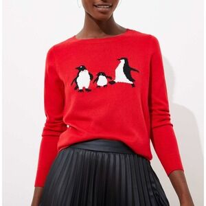 LOFT Penguins Knit Crewneck Sweater Red Women Size Medium Casual Holiday Cozy